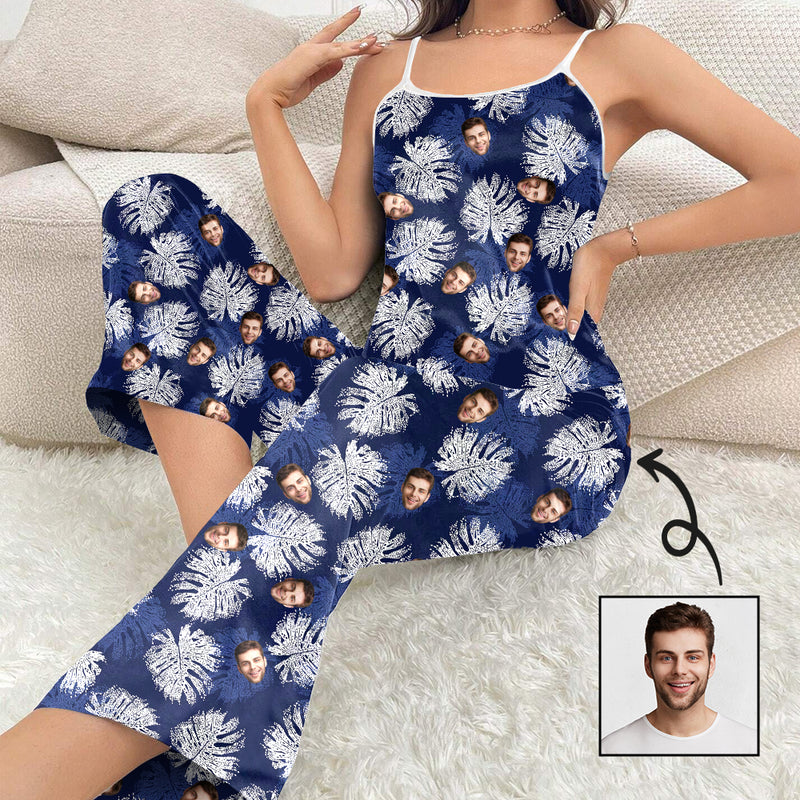 Custom Cami Top & Long Pants Pocket Pajama Sets Personalized Face Blue Women's Sleepwear