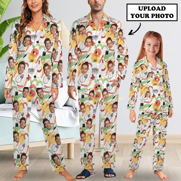 Custom Face Pajamas Set Personalized Graffiti Family Matching Long Sleeve Button Pajama Set