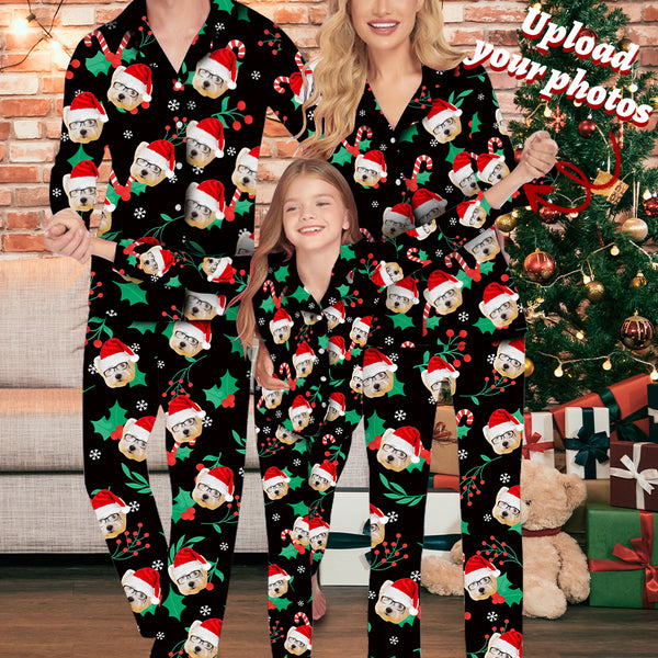 Custom Face Christmas Family Pajama Set Personalized Face Black Long Sleeve Pajama Set For Family