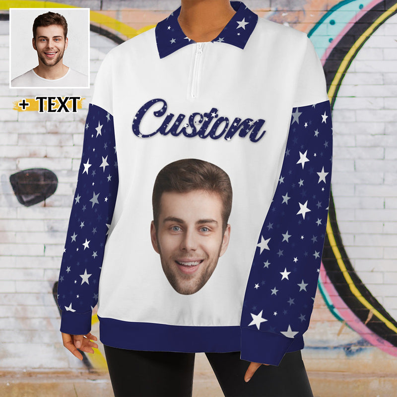 Custom Face Women's Hoodie Personalized Face&Text Blue Stars Half Zip Pullover Sweatshirt