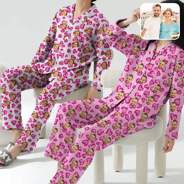 Custom Face Long Sleeve Pajamas Personalized Couple Matching Face Rose Red Pajama Set