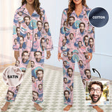 Custom Face Women's Cotton&Satin Pajama Set Personalized Long Sleeve Pajamas Set