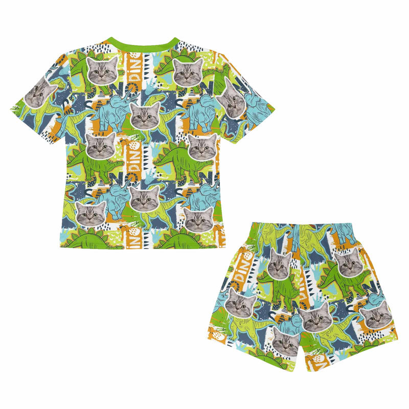 Custom Face 2-15Y Kids Pajama Set Personalized Dinosaur Photo Short Sleeve Pajama Nightwear