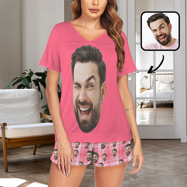 Custom Big Face Pink Short Sleeve Pajamas Set Personalized V Neck Sleepwear For Women