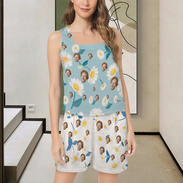 Custom Women's Sleeveless Square Neck Pajama Sets Personalized Daisy Face Pajama Set