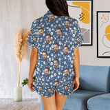 Personalized Women's Silk Short Sleeve Pajama Sets Custom Face Blue Satin Pajamas Nightwear