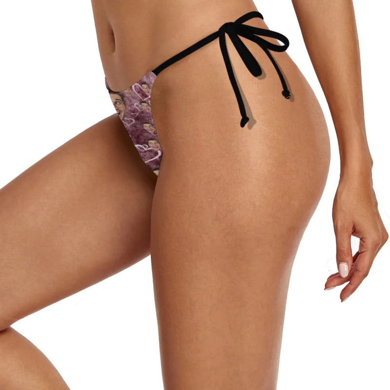 Personalized Face Thong Underwear For Women Custom Side Ties Thong Purple Underwear