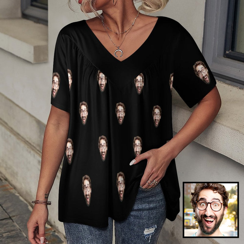 Custom Boyfriend Face Women's T-Shirt Personalized V-Neck Loose Short-Sleeved T-shirt