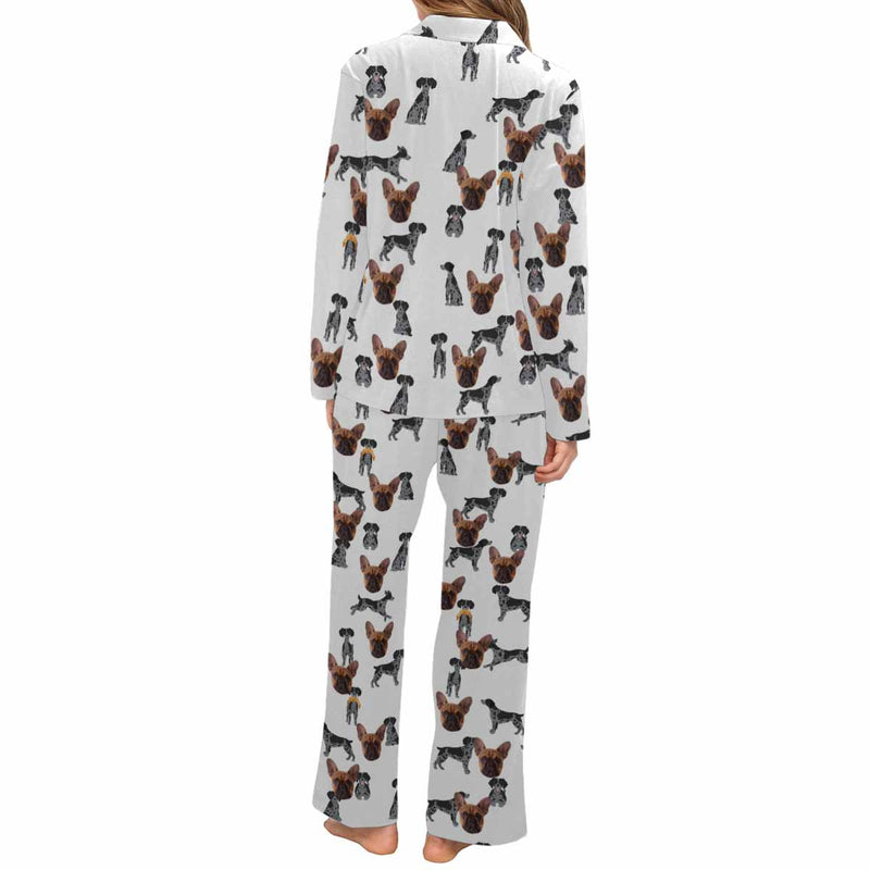 Custom Dog Face Cotton&Satin Women's Pajama Set Personalized White Long Sleeve Pajamas