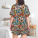 Personalized Women's Silk Short Sleeve Pajama Sets Custom Face Colorful Flowers Satin Pajamas Nightwear