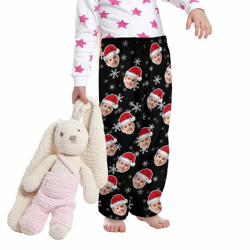 Coral Fleece Pajama Pants Custom Face Christmas Snowflake Warm and Comfortable Sleepwear Long Pajama Pants For Men Women Kids