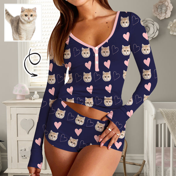 Custom Face Women's Long Sleeves&Shorts Button Pajama Sets Personalized Pink Heart Face Sleepwear