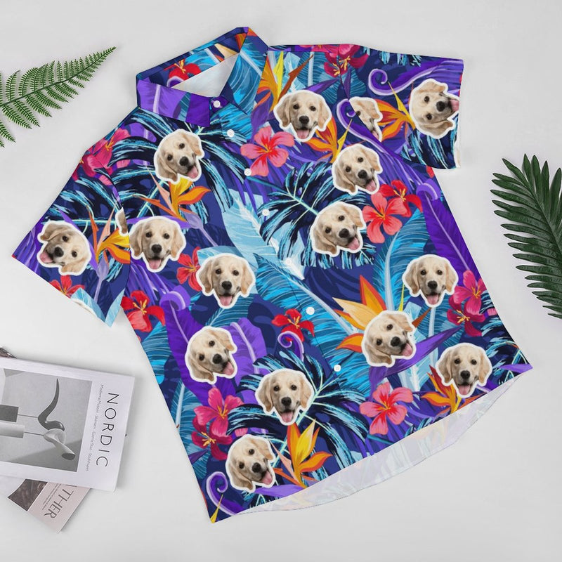 Custom Face Men's Shirt&Pet Shirt Personalized Face Purple Tropical Leaves Hawaiian Shirt&Pet Shirt For Pet Lovers