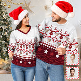 Custom Face Women's V Neck Sweater&Men's Crew Neck Sweater Christmas Red Couple Sweaters