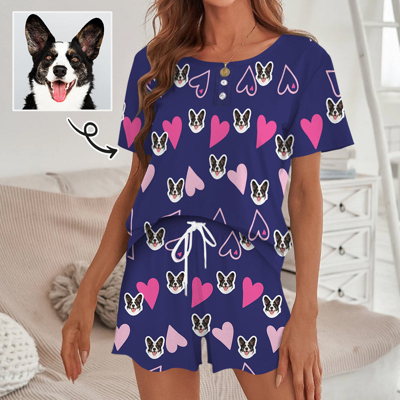 Personalized Face Women's Pajama Set Custom Pink Heart Blue Short Sleeve Set Loungewear