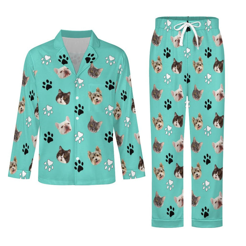 Custom Face Long Sleeve Pajamas Set Personalized Pet Paw Sleepwear For Men&Women