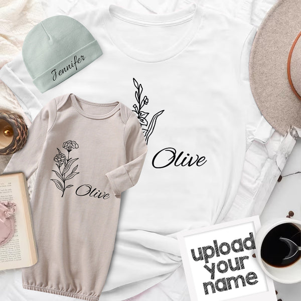 Personalized Baby Birth Month Flower&Name Custom Name Baby Sleep Gown Sleep Bag Outfit Pajama&Mom T-shirt