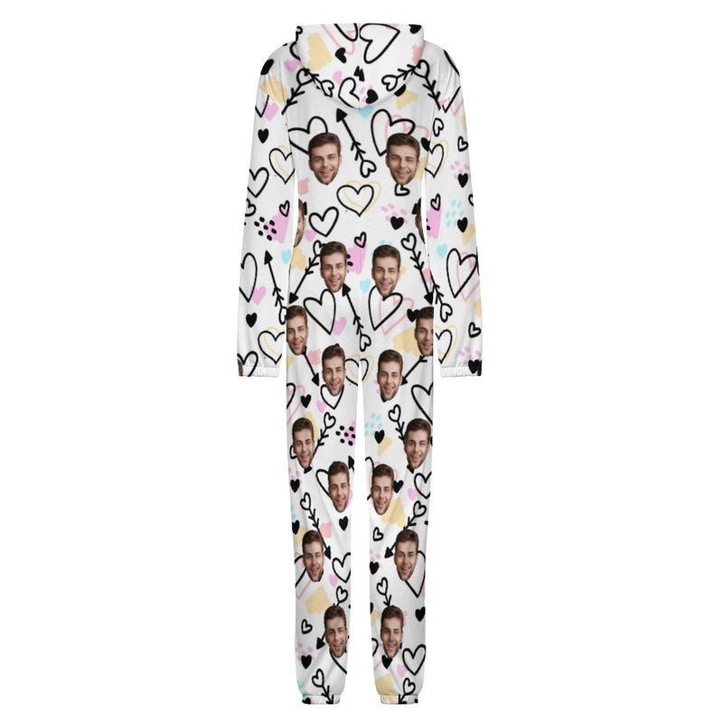 Custom Face Couple Onesie Jumpsuit Personalized White Heart Unisex One Piece Pajama Loungewear