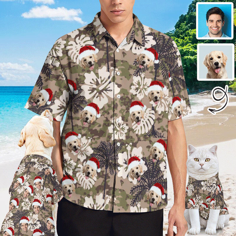 Custom Face Men's Shirt&Pet Shirt Personalized Face Christmas Hat Hawaiian Shirt&Pet Shirt For Pet Lovers