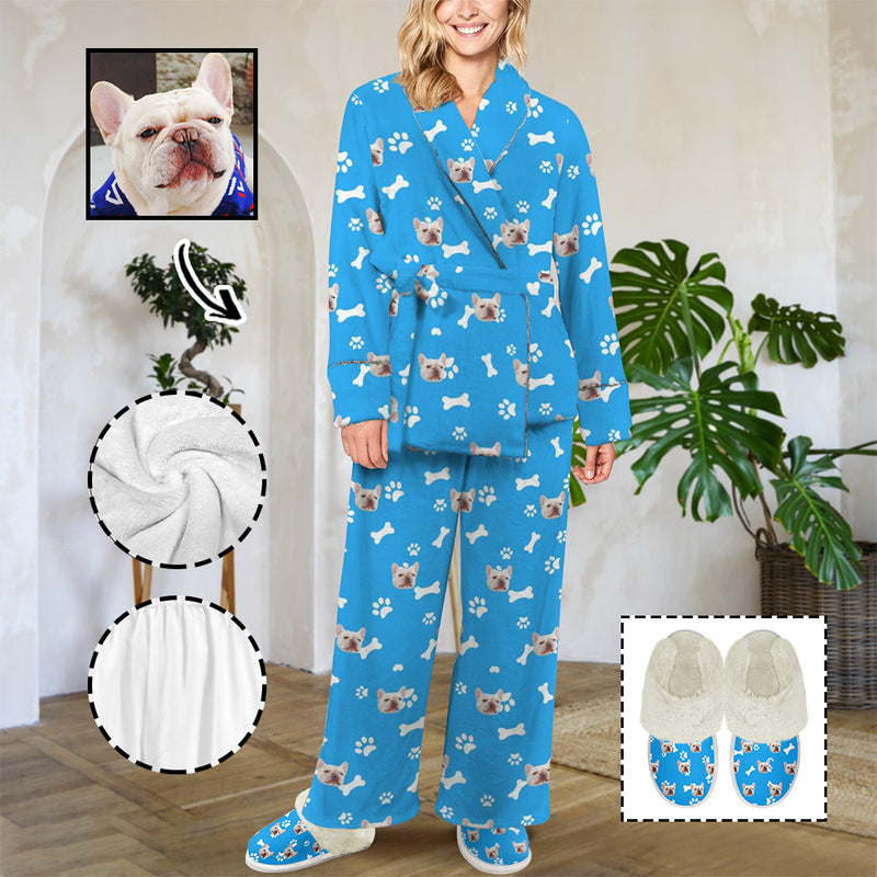 Custom Face Blue Cotton Material&Plush Material Women's Tie Waist Pocket Long Pajama Sets&Slippers