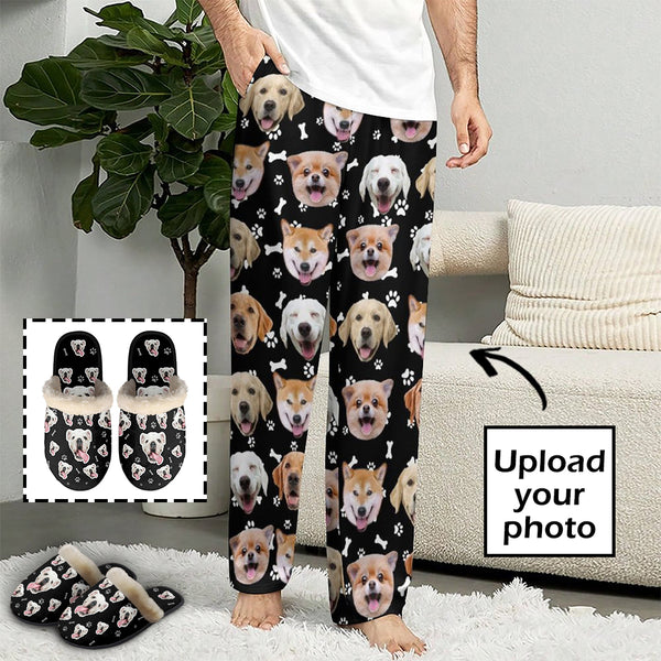 Unisex Pajama Pants&Slippers Custom Dog Face Slumber Party Unisex Long Pajama Pants for Pet Lovers