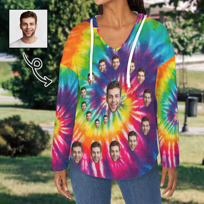 Custom Women's V Neck Long Sleeve Drawstring Pocket Pullover Hoodies Personalized Face Rainbow Colorful V Neck Sweatshirt