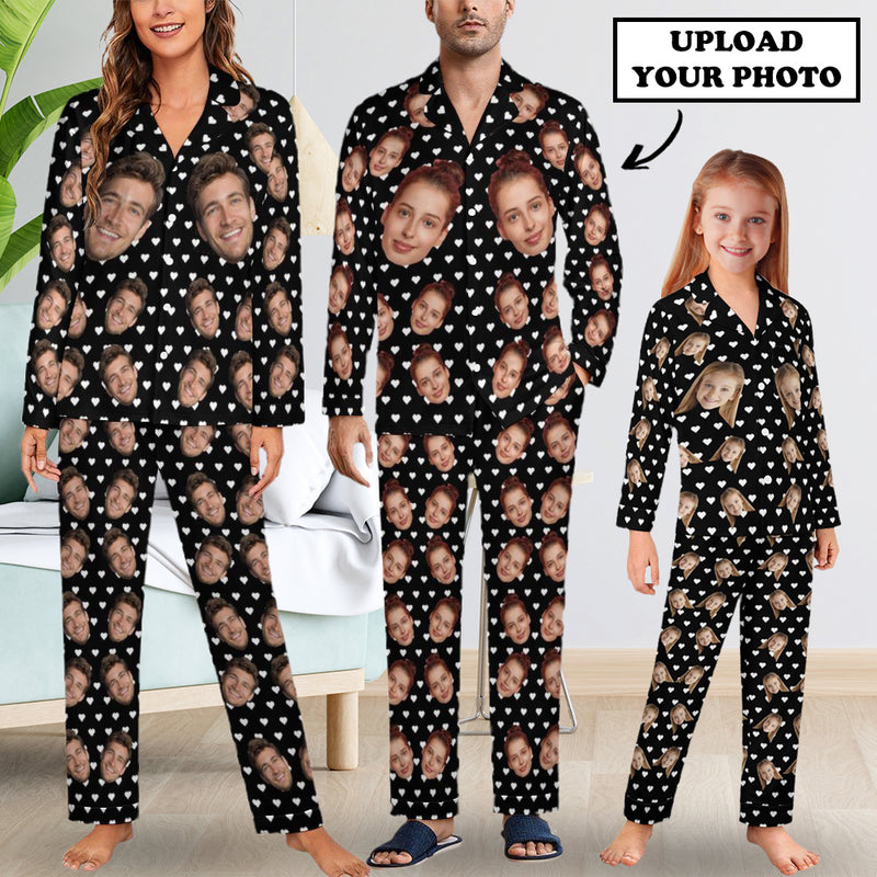 Custom Face Pajamas Set Personalized Black Family Matching Long Sleeve Button Pajama Set