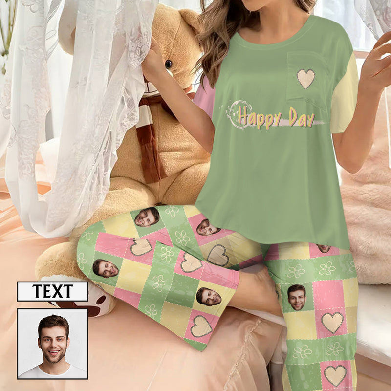 Custom Women's Pocket Short Sleeve&Long Pants Pajama Sets Personalized Face&Text Heart Grid Nightwear Set