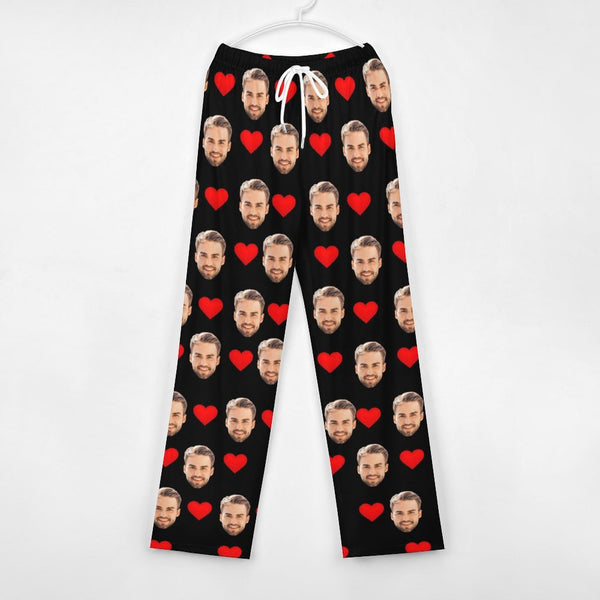 Custom Face&Red Heart Unisex Pajama Pants For Women&Men Persoanlized Black Pajama Pants
