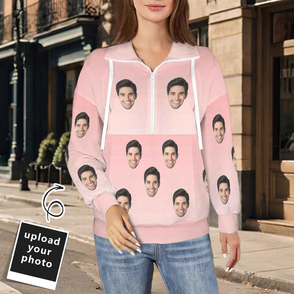 Custom Face Pink Sweatshirt Hoodie Personalized Face Women's Lapel Half Zip Pullover Drawstring Sweatshirts