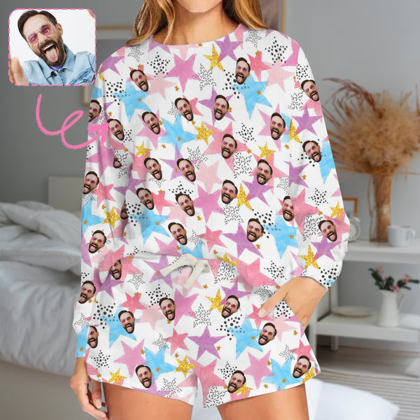Custom Husband Face On Pajama Set Personalized Long Sleeve Loungewear For Women