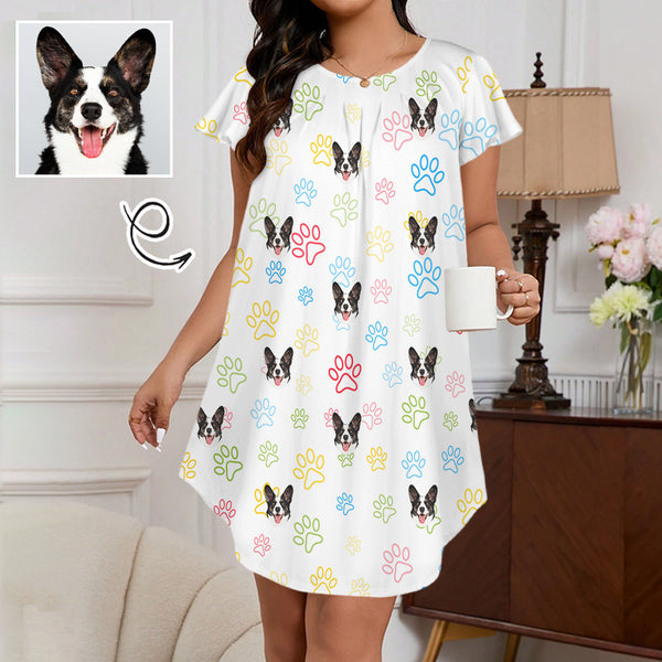 Custom Women's Flared Sleeves Pleated Pocket Nightdress Personalized Dog Face Pet Paw Nigntgown Pajamas