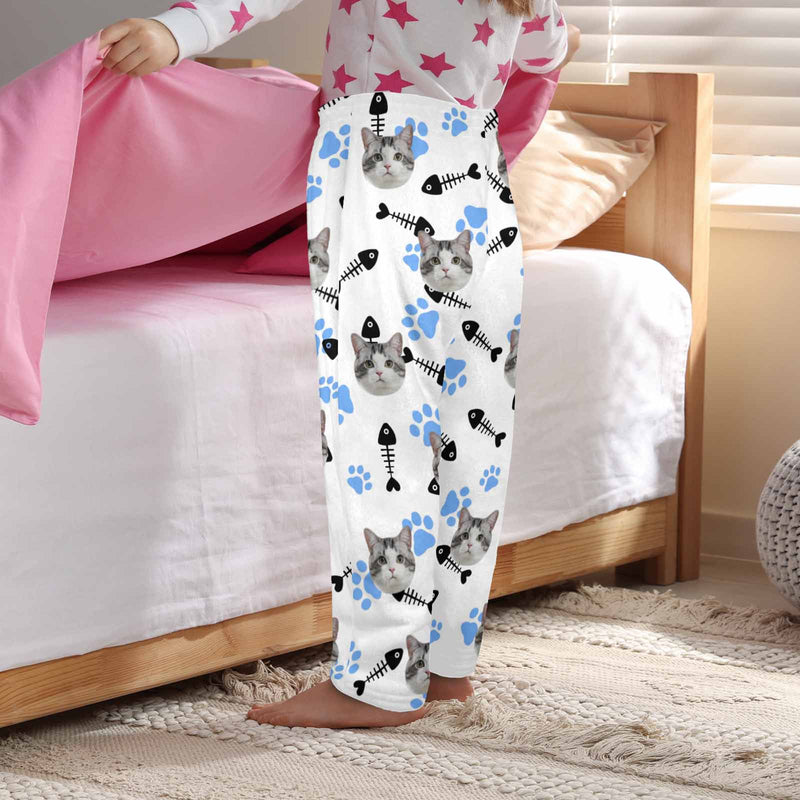 Coral Fleece Pajamas Pants For Kids Custom Face Fish Bones Pants