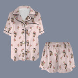 Personalized Women's Silk Short Sleeve Pajama Sets Custom Face Little Flowers Lignt Pink Satin Pajamas Nightwear