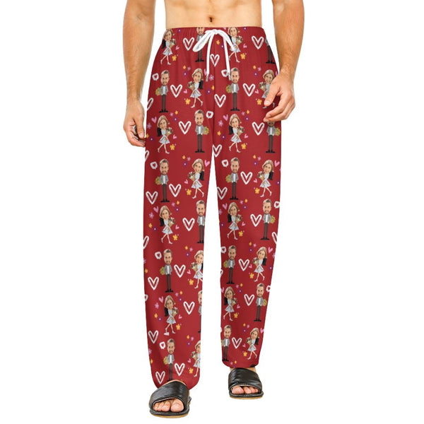 Custom Couple Unisex Pajama Pants Personalized Couple Face Red Pajama Pants