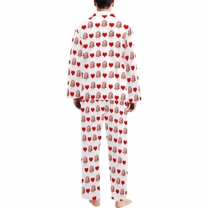 Custom Face Red Heart Long Sleeved Pajamas&Blanket Personalized Men's Face Long Set