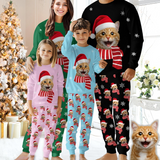 Custom Face Crew Neck Long Sleeve Pajama Sets Personalized Face With Santa Hat Pajamas For Family