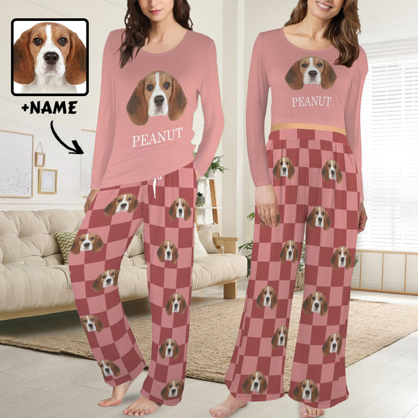 Custom Face&Name Long Pajama Sets Personalized Women's Round Neck Pocket Grid Long Pajama Sets