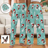 Personalized Men&Women Pajama Pants&Christmas Hat Custom Face Snowflake Light Blue Pants For Christmas Party