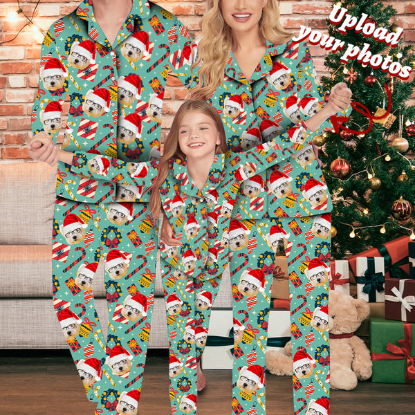 Custom Face With Santa Hat Christmas Pajama Set Personalized Family Long Sleeve Pajama Set