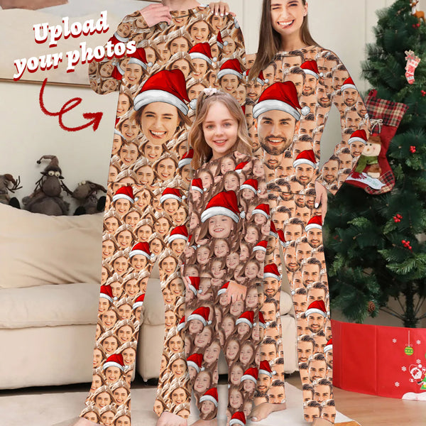 Custom Face Family Seamless Christmas Hat Sleepwear Personalized Family Slumber Party Matching Long Sleeve Pajamas Set