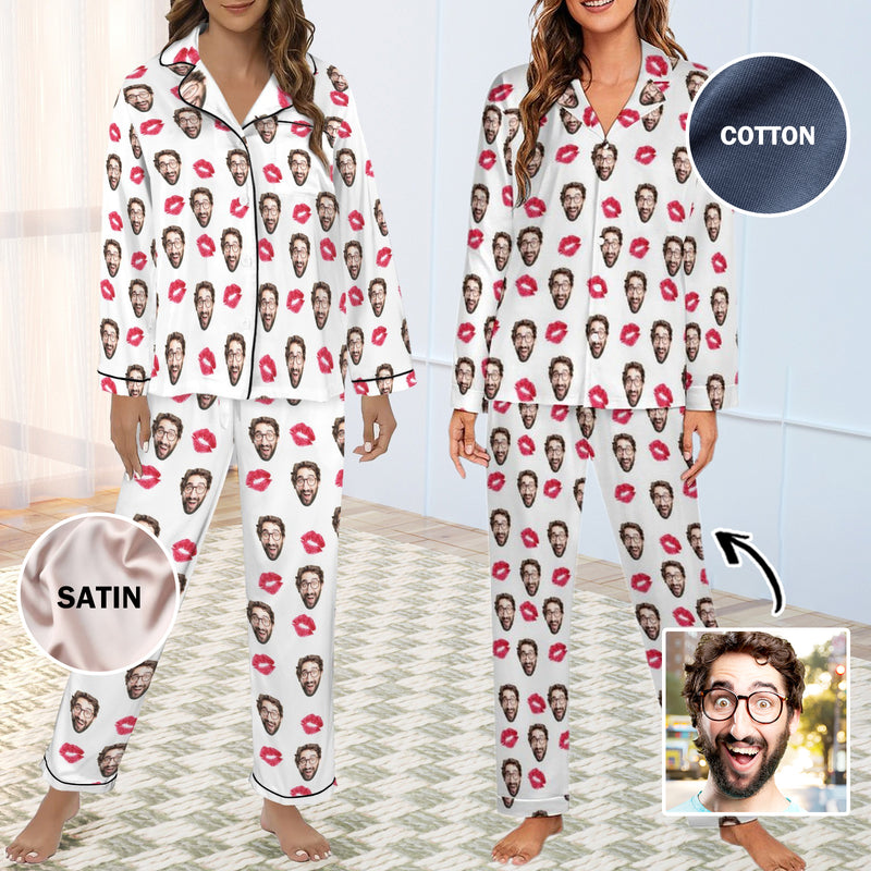 Custom Face Cotton&Satin Pajama Set Personalized Face Red Lips Long Sleeve Set