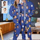 Custom Face Couple Onesie Jumpsuit Personalized Blue Unisex One Piece Pajama Loungewear