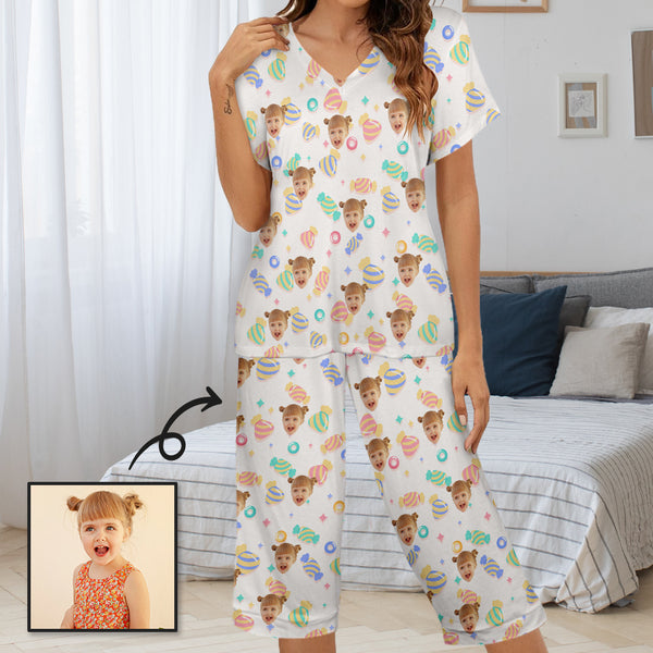 Personalized Any Face Women's Pajama Set Custom Face&Candy On Women's V-Neck Short Sleeve&Capri Pants Pajama Sets