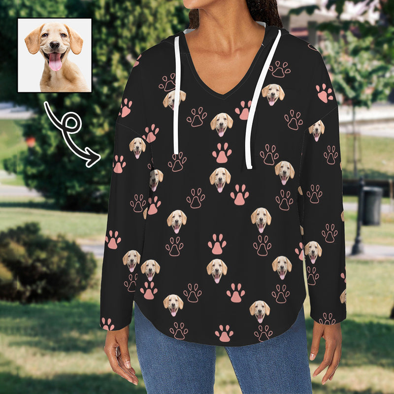 Custom Women's V Neck Long Sleeve Drawstring Pocket Pullover Hoodies Personalized Face Pet Paw V Neck Sweatshirt