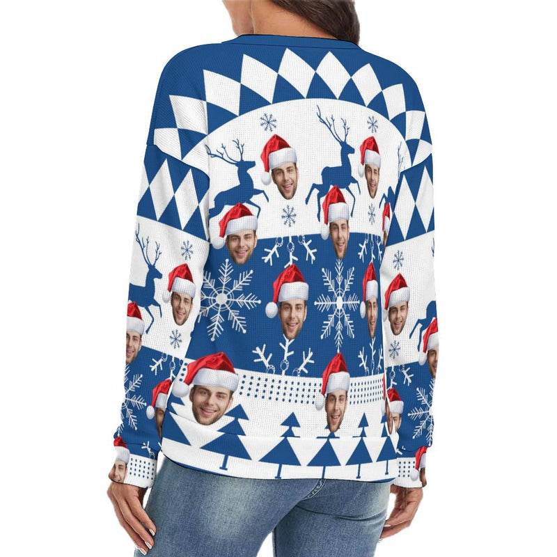 Custom Face Women's V Neck Sweater&Men's Crew Neck Sweater Merry Christmas Blue Couple Sweaters