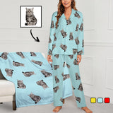 Custom Face Pajamas Set&Blanket Personalized Women's Face Long Sleeved Pajamas Blue Sleepwear