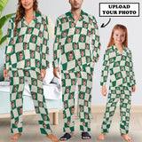 Custom Face Pajamas Set Personalized Green Family Matching Long Sleeve Button Pajama Set