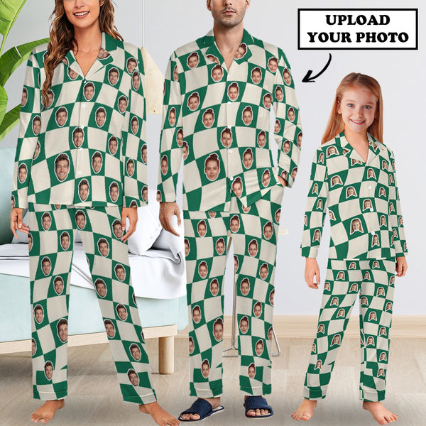 Custom Face Pajamas Set Personalized Green Family Matching Long Sleeve Button Pajama Set