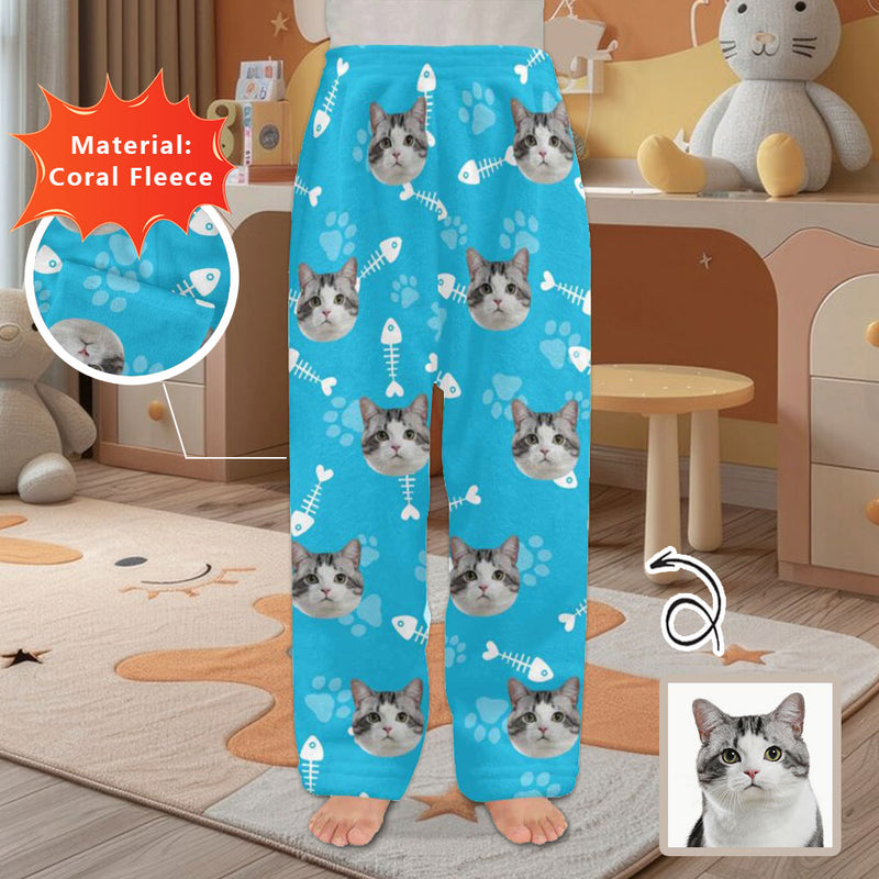 Coral Fleece Pajamas Pants For Kids Custom Face Fish Bones Pants